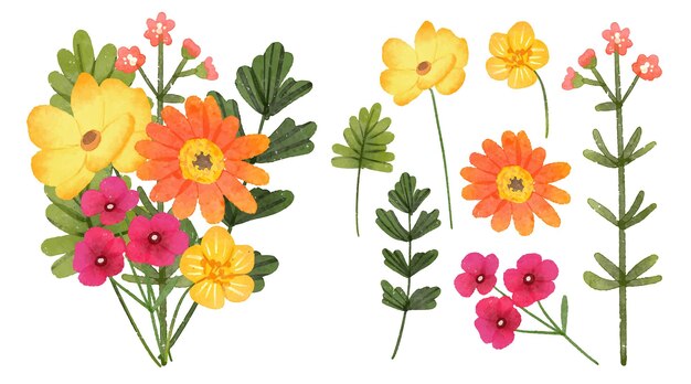 Hermosos ramos de flores y hojas para la decoración en estilo de colores acuáticos