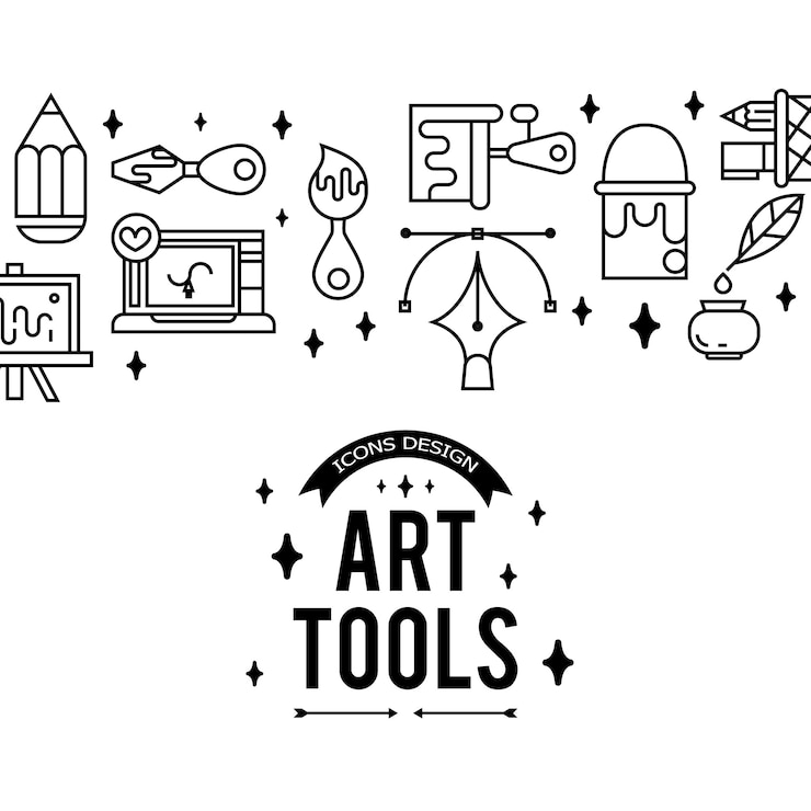 Vector gratuito herramientas de arte y materiales para pintar. ilustración en plano fino, estilo lineal.