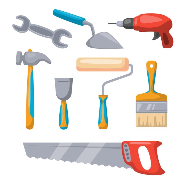 Herramientas de construcción o juego de herramientas de reparación con destornillador de martillo de sierra y otros en estilo de dibujo sobre ilustración de vector de fondo blanco