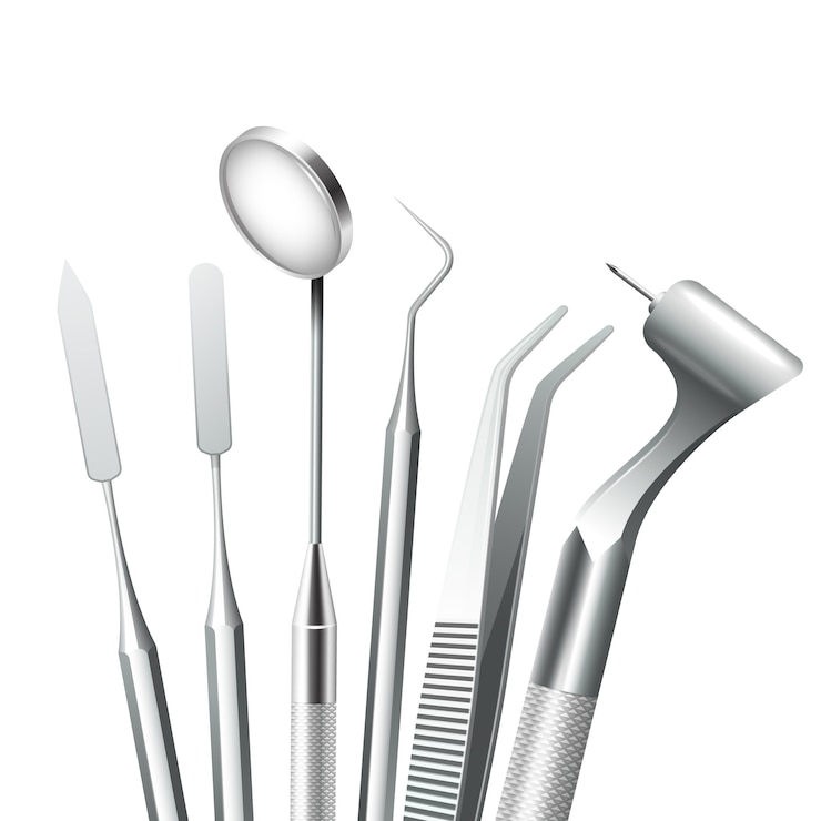 Vector gratuito herramientas dentales de acero del equipo médico dental de los dientes fijadas realistas