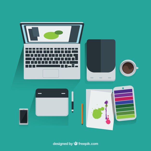 Herramientas de diseñador gráfico en vista superior