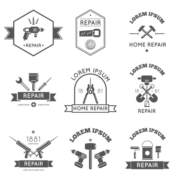 Herramientas de etiqueta de logotipo en blanco y negro para reparación y mejoras para el hogar en color bw ilustración vectorial