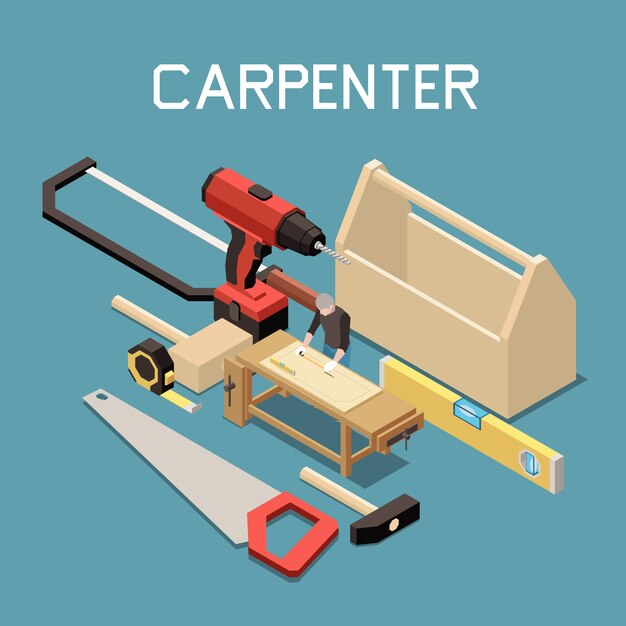 Herramientas de fabricación de muebles de carpintería composición isométrica con cinta métrica de taladro eléctrico de nivel de burbuja de martillo de sierra