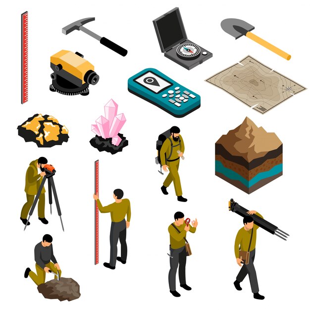 Herramientas de geólogo suministra iconos isométricos de accesorios de engranajes con kit de dureza de minerales mapa brújula martillo ilustración vectorial