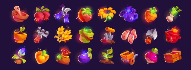 Herramientas de jardinería de dibujos animados y conjunto de cosecha de verduras aislado en el fondo Ilustración vectorial de activos de juego de granja Saco rastrillo caja de madera grano planta brote girasol frijoles berenjena zanahoria