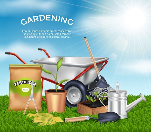 Vector gratuito herramientas de jardinería en la ilustración de la hierba verde