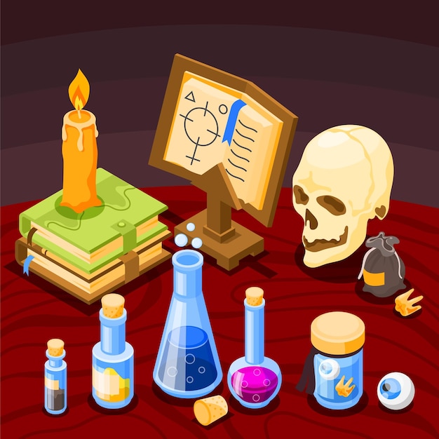 Vector gratuito herramientas mágicas de alquimia con calaveras libros antiguos frascos de velas fondo isométrico 3d ilustración vectorial