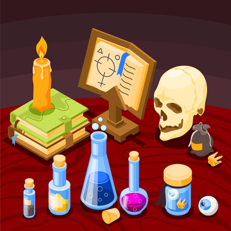 Vector gratuito herramientas mágicas de alquimia con calaveras libros antiguos frascos de velas fondo isométrico 3d ilustración vectorial