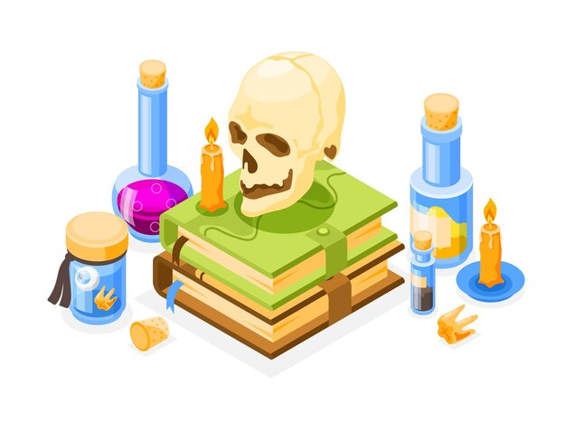 Herramientas mágicas para la artesanía de alquimia con libros de calaveras, velas y matraces, composición isométrica, ilustración vectorial 3d