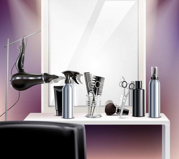 Herramientas de peluquería para composición con secador de pelo espejo y tijeras realistas