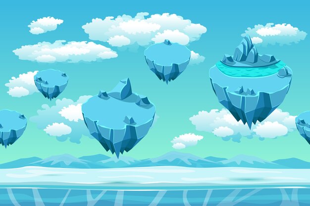 Hielo y nieve con las islas de hielo. Paisaje de juego sin problemas. Fondo de dibujos animados para juegos. Panorama de nieve, interfaz de usuario del juego, ártico frío, juego ambiental, isla voladora, ilustración vectorial