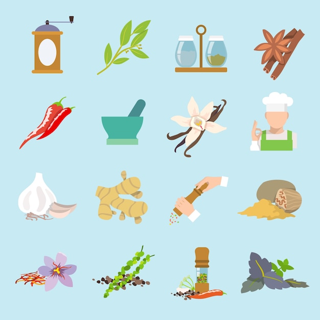 Hierbas y especias plana iconos conjunto de jengibre chile pimiento ajo aislado ilustración vectorial.