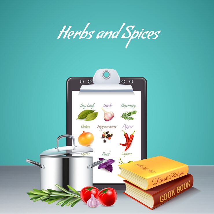 Vector gratuito hierbas y especias realistas con libro de cocina
