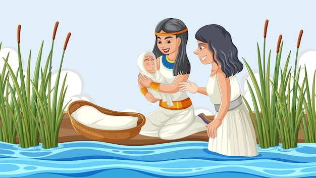 Vector gratuito la hija del faraón descubre al bebé moisés en el río