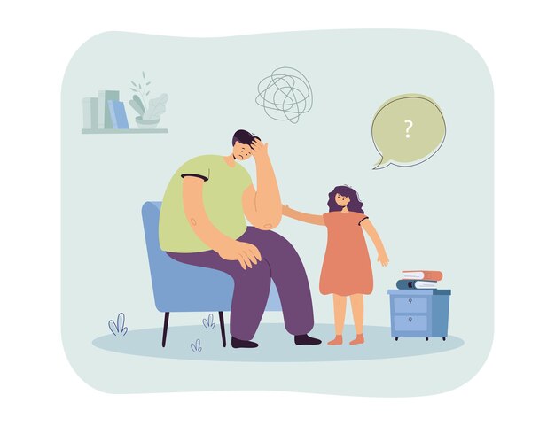 Hija preocupada por el padre triste. Chica reconfortante personaje masculino confundido sentado en silla ilustración plana