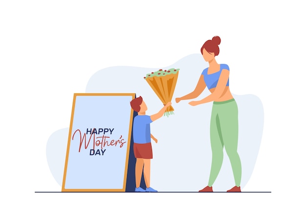 Hijo pequeño dando flores a la joven madre. Regalo, padre, niño ilustración vectorial plana. Vacaciones, paternidad y familia