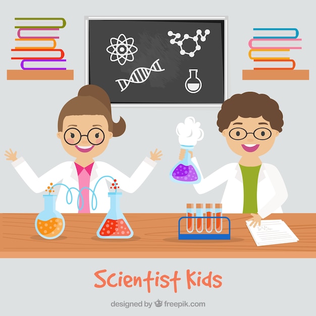 hijos científico en el laboratorio de diseño plano