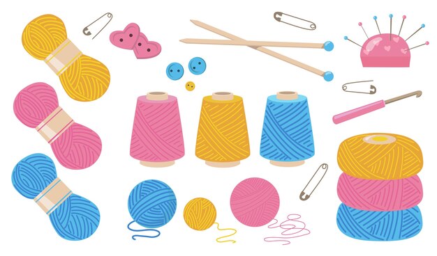 Hilos para coser conjunto de ilustración plana. Bobina de hilo de algodón o lana de dibujos animados para tejer colección de ilustraciones vectoriales aisladas. Cuerdas de tela y concepto de artesanía.