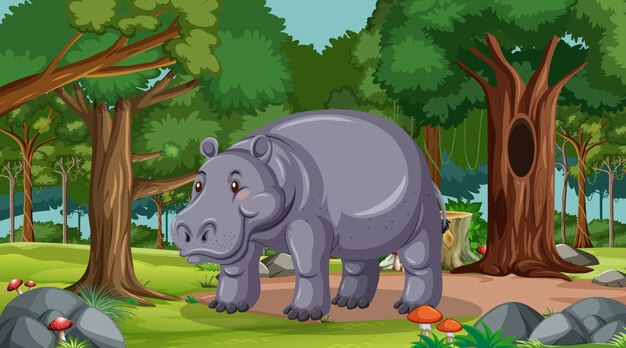 Hipopótamo en el bosque en la escena diurna con muchos árboles