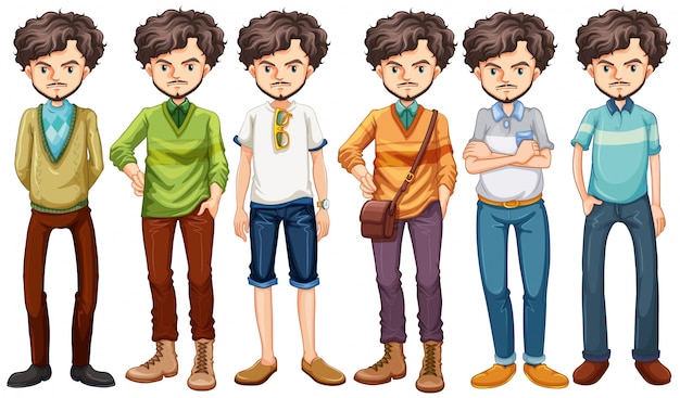 Hipster adulto que desgasta diversos trajes