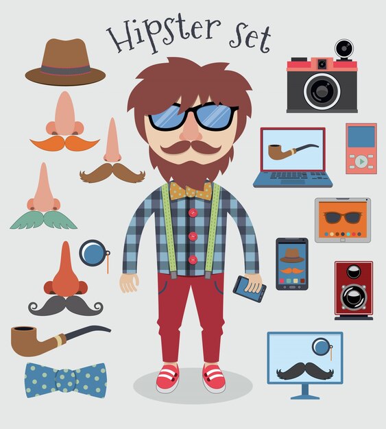 Hipster carácter pack elementos de diseño para niño aislado ilustración vectorial
