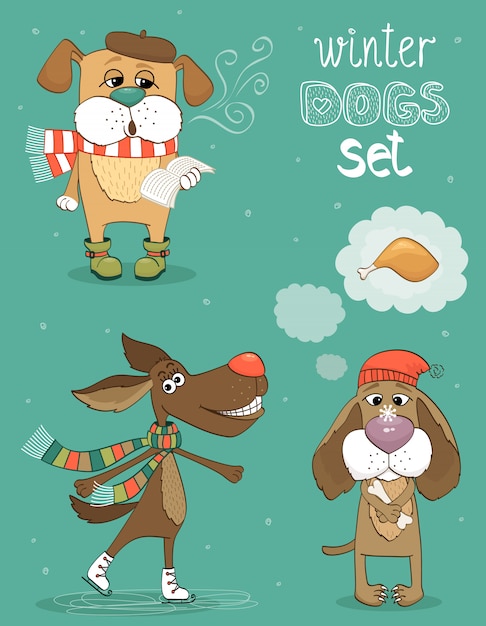 Vector gratuito hipster conjunto de perros de moda de invierno lindo