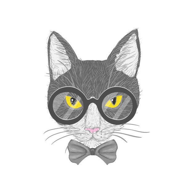 Hipster gato con gafas de arco y ojos amarillos aislados ilustración vectorial