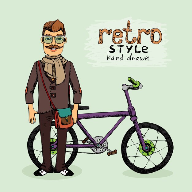 hipster, joven, con, bicicleta, vector, ilustración, bosquejo