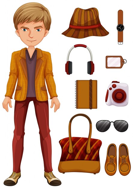 Hipster masculino con diversos artículos