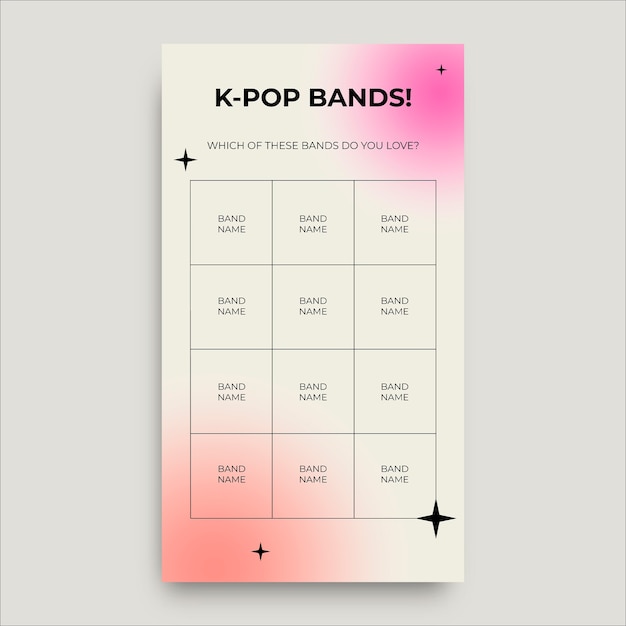 Historia de instagram de bingo de bandas modernas de kpop