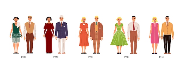 Historia de la moda colección masculina y femenina de la primera mitad del siglo XX desde 1900 hasta 1950 años ilustración aislada