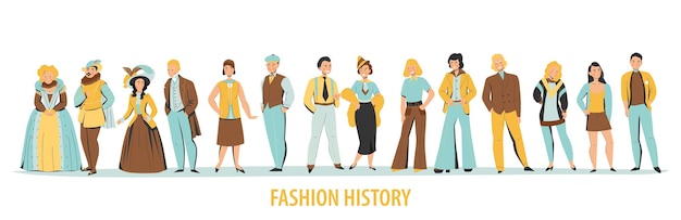 Historia de la moda desde la línea horizontal antigua hasta la actual de personas en su ilustración de vector plano de traje de época