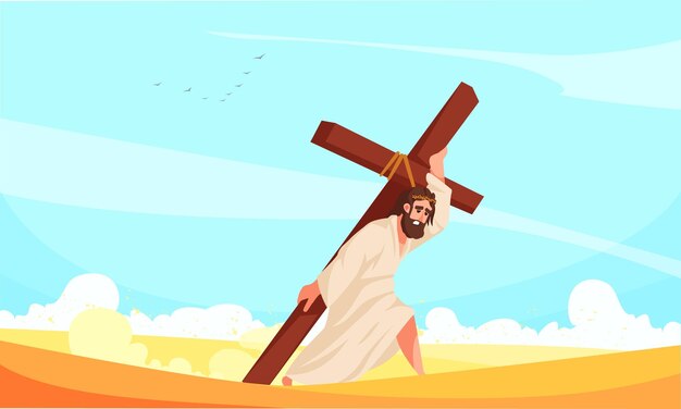 La historia de la Santa Biblia de Jesucristo llevando la ilustración de vector de dibujos animados cruzados
