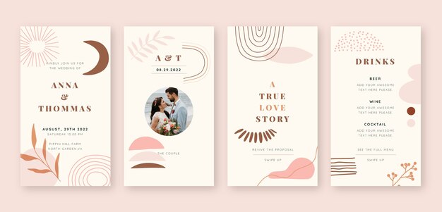 Historias de ig de bodas boho dibujadas a mano