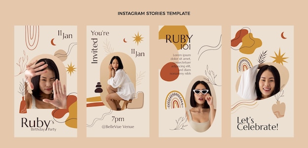 Historias de ig de cumpleaños boho dibujadas a mano