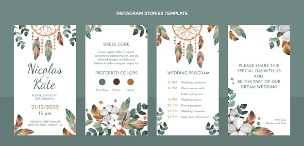 Vector gratuito historias de instagram de boda boho acuarela