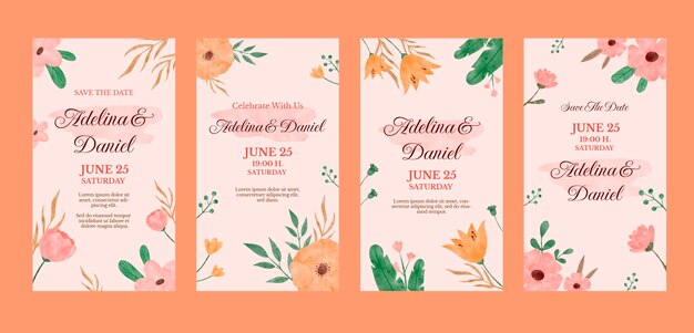 Historias de instagram de celebración de bodas florales en acuarela