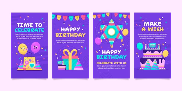 Historias de instagram de celebración de cumpleaños de diseño plano