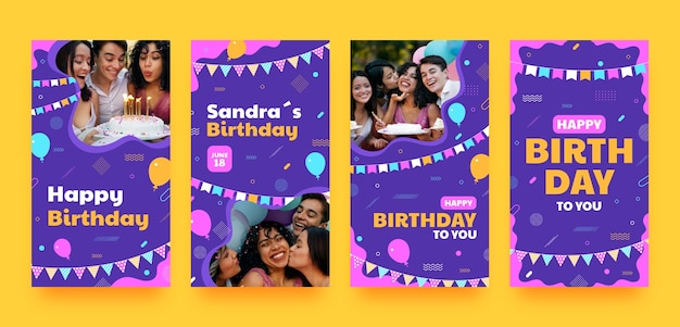 Vector gratuito historias de instagram de celebración de cumpleaños de diseño plano