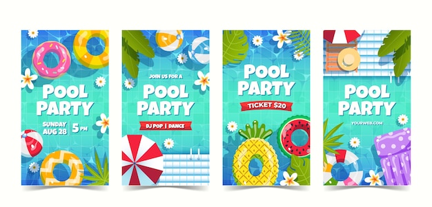 Vector gratuito historias de instagram de celebración de fiesta en piscina degradada