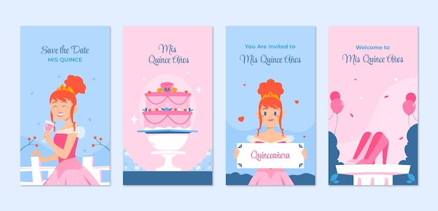 Vector gratuito historias de instagram de celebración de quinceañera dibujadas a mano