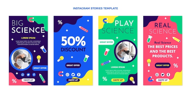 Vector gratuito historias de instagram de ciencia de diseño plano