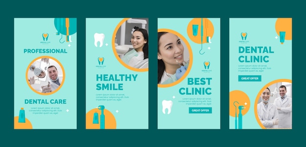 Historias de instagram de clínica dental de diseño plano