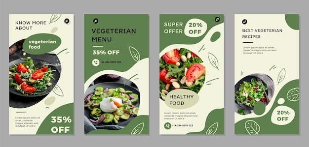 Vector gratuito historias de instagram de comida vegetariana de diseño plano dibujado a mano