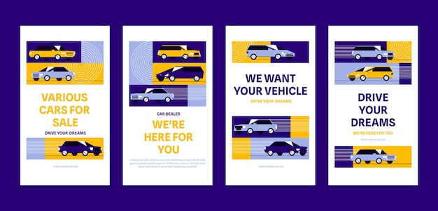 Vector gratuito historias de instagram de concesionario de automóviles de diseño plano