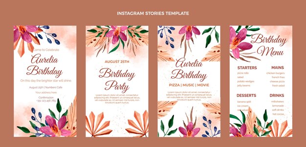 Historias de instagram de cumpleaños boho acuarela