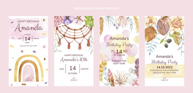 Historias de instagram de cumpleaños boho acuarela