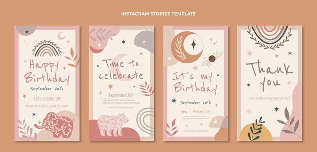 Historias de instagram de cumpleaños boho dibujadas a mano