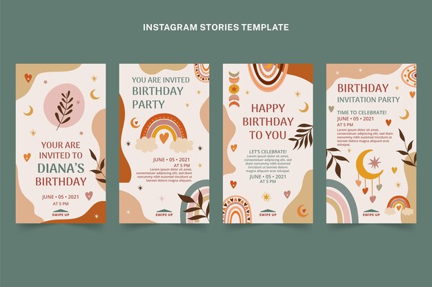 Historias de instagram de cumpleaños boho dibujadas a mano