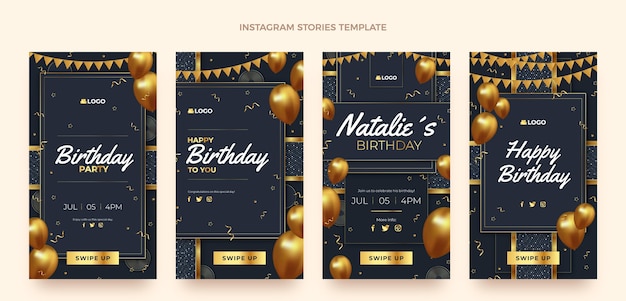 Historias de instagram de cumpleaños dorado de lujo realista